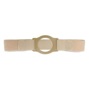 Beige medical ostomy belt with adjustable straps and circular center holder on white background