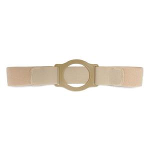 Beige medical ostomy belt with adjustable straps and circular center holder on white background