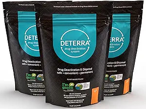 Three Deterra drug deactivation system pouches for safe medication disposal
