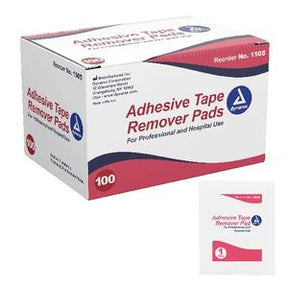 Box of 100 adhesive tape remover pads for medical use, with individual pad packet shown