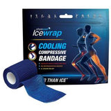 Cooling compressive bandage for injury relief, blue bandage and packaging with athletes