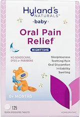 Hyland's Naturals Baby Oral Pain Relief Nighttime box with bear illustration, highlights for teething and discomfort relief.