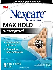 Nexcare Max Hold waterproof bandages 6-count box for heel and hand, 48-hour protection.