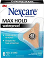 Nexcare Max Hold waterproof bandages 6-count box for heel and hand, 48-hour protection.