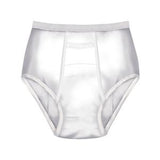 White adult incontinence brief with high waist and supportive seams, front view