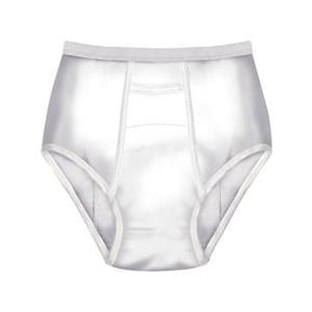 White adult incontinence brief with high waist, providing absorbent protection
