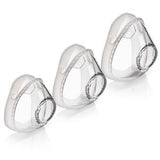 Three clear CPAP nasal mask cushions in different sizes on a white background