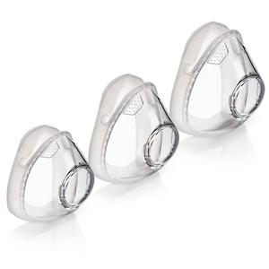 Three clear CPAP nasal mask cushions in different sizes on a white background