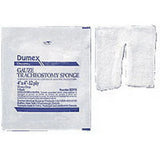 Dumex gauze tracheostomy sponge sterile packaging and unfolded medical sponge.