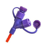 Purple medical IV connector with orange tube, sterile cap, and secure ports on white background