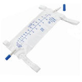 Medical drainage bag with blue cap and measurement markings on a white background