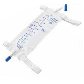 Medical drainage bag with blue cap and measurement markings on a white background