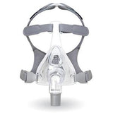 Full face CPAP mask with clear cushion, grey headgear, and adjustable straps