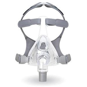 Full face CPAP mask with clear cushion, grey headgear, and adjustable straps