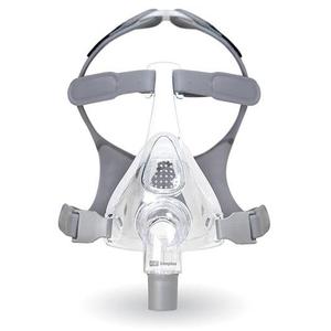 Full face CPAP mask with clear cushion, grey headgear, and adjustable straps