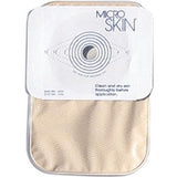 Ostomy pouch with beige cover and MICROSKIN label for medical supply home delivery