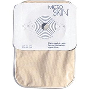 Ostomy pouch with beige cover and MICROSKIN label for medical supply home delivery