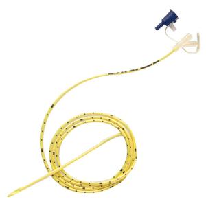Yellow medical feeding tube with blue cap for home enteral nutrition care.