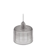 Close-up of a sterile hypodermic needle tip with clear plastic cap, medical supply product.