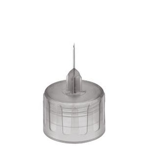 Close-up of a sterile hypodermic needle tip with clear plastic cap, medical supply product.