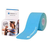 Blue kinesiology tape roll and packaging for athletic or therapeutic support