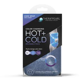 Color-changing hot and cold knee wrap in retail packaging for pain relief