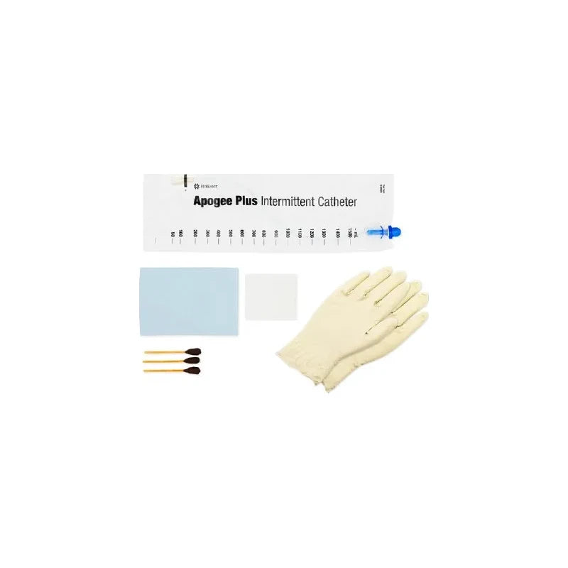 Apogee Plus intermittent catheter kit with gloves, swabs, and prep materials on white background