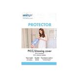 Seal-tight PICC dressing cover packaging showing woman using waterproof arm protector