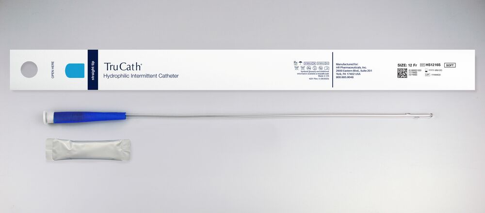 Hydrophilic intermittent catheter with blue grip, packaging, and lubricant sachet