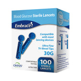 Box of Embrace blood glucose sterile lancets, 30G, 100 count, with blue lancing devices shown.