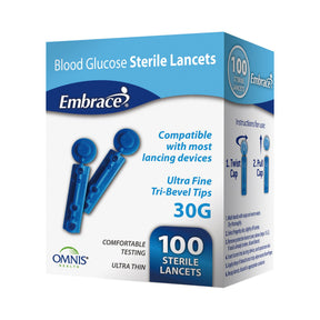 Box of Embrace blood glucose sterile lancets, 30G, 100 count, with blue lancing devices shown.