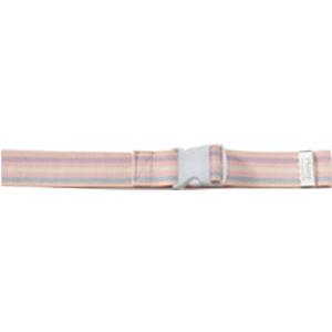 Medical tourniquet with pink and blue stripes and plastic buckle clasp