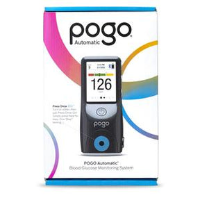 POGO Automatic blood glucose monitoring system in retail packaging, glucose meter on box