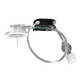 Medical infusion set with tubing, transparent connector, and white cap for home healthcare