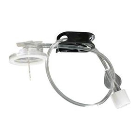 Medical infusion set with tubing, transparent connector, and white cap for home healthcare
