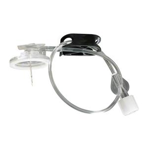 Medical infusion set with tubing, transparent connector, and white cap for home healthcare