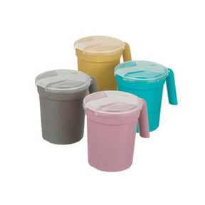 Four medical drinking cups with lids and handles in pink, gray, blue, and yellow