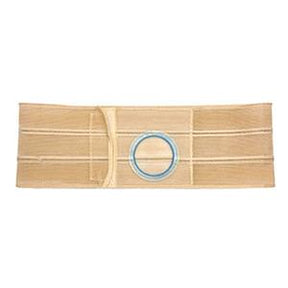 Beige medical support belt with adjustable closure and blue stoma opening for ostomy care