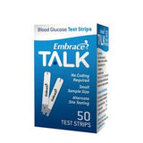 Embrace Talk blood glucose test strips box, 50 count, for diabetes monitoring