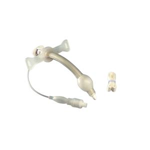 Medical tracheostomy tube with cuff, plastic curved design, accessories included, on white background