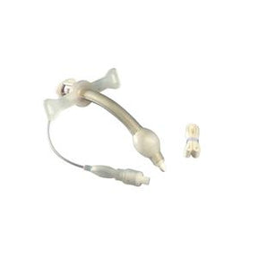 Medical tracheostomy tube with cuff, plastic curved design, accessories included, on white background