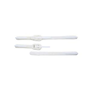 Three white medical wristbands for patient identification on a plain background