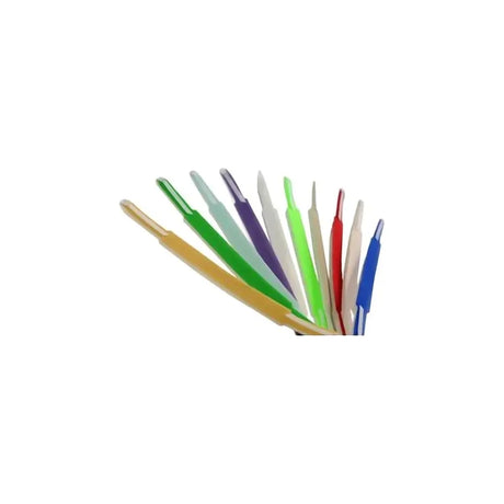 Assorted color disposable medical lancets arranged in a fan shape on a white background