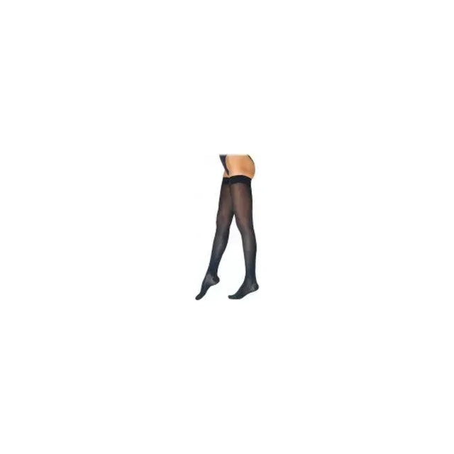 black thigh-high compression stockings on model, medical hosiery for leg support