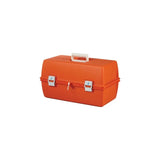 Orange hard plastic medical supply box with white handle and secure silver latches