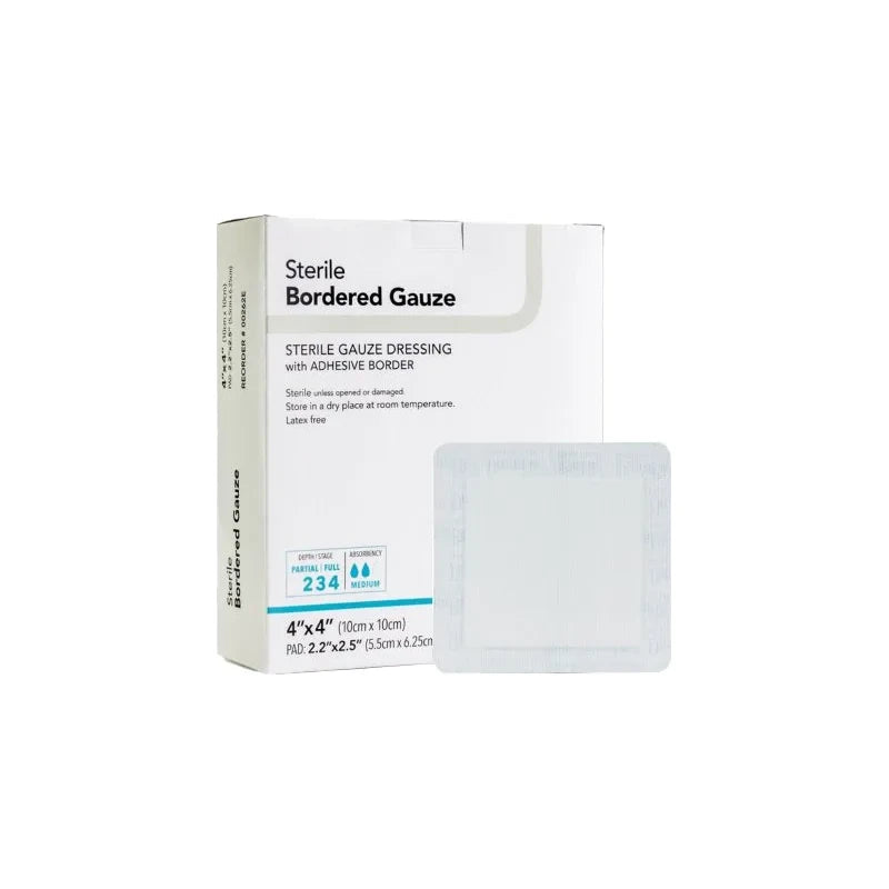 Sterile bordered gauze dressing with adhesive border, 4x4 inch size, in retail box