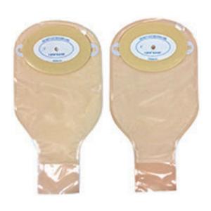 Two beige ostomy bags with adhesive flanges for medical use on a white background