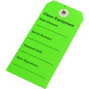 Bright green equipment tag labeled Clean Equipment with blank fields for maintenance records