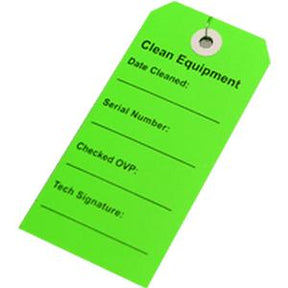 Bright green equipment tag labeled Clean Equipment with blank fields for maintenance records