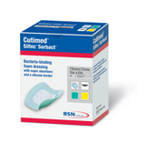 Cutimed Siltec Sorbact bacteria-binding foam dressing box, 7.5cm x 7.5cm size